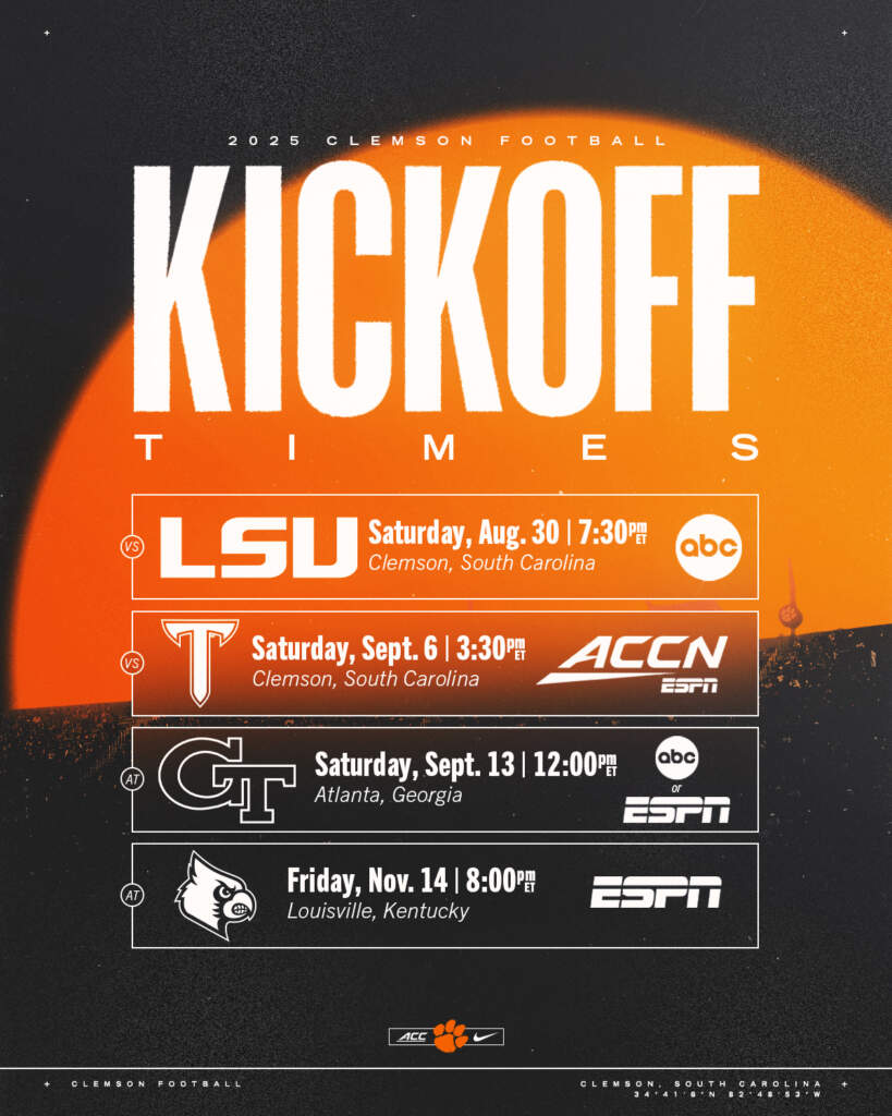 Kickoff Times Announced for Four Clemson Games