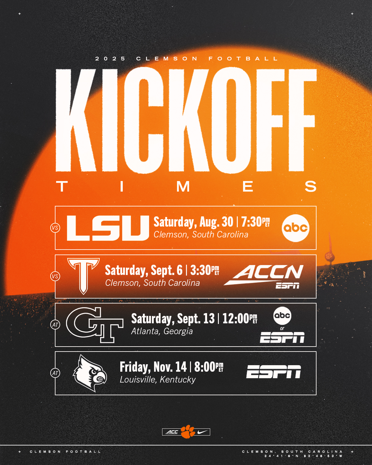 Kickoff Times Announced for Four Clemson Games